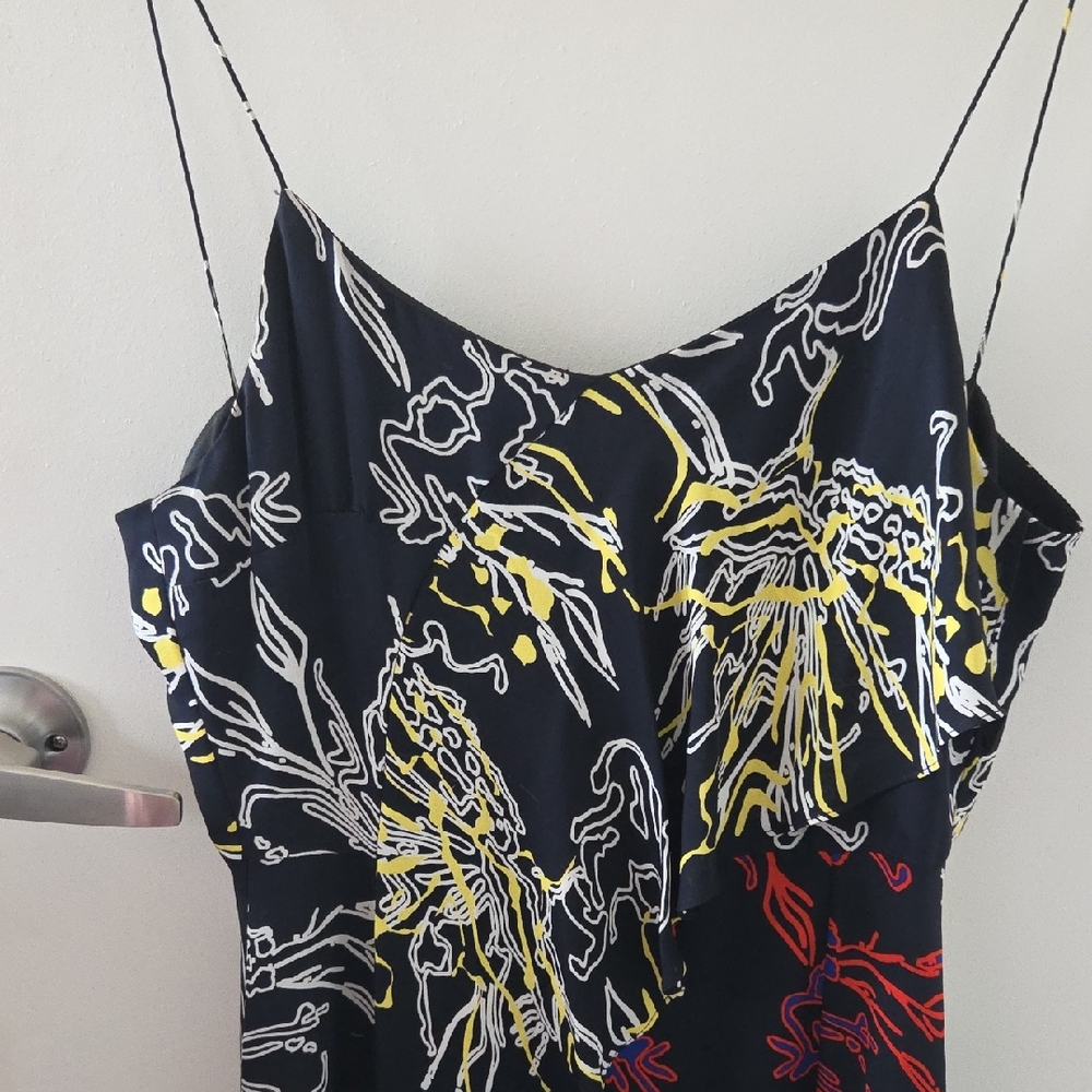 Tanya Taylor Silk Black Dress with White and Yellow Abstract Design